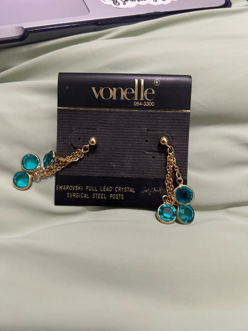 Vintage Vonelle Swarovski Full Lead Crystal Blue Dangle Drop Earrings NWT - Picture 2 of 4